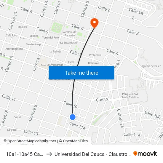 10a1-10a45 Carrera 3 to Universidad Del Cauca - Claustro El Carmen map