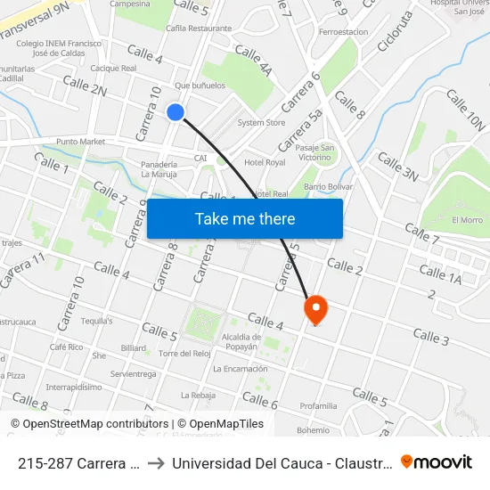 215-287 Carrera 9 Norte to Universidad Del Cauca - Claustro El Carmen map
