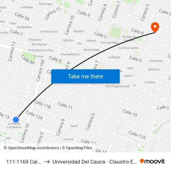 111-1169 Calle 13 to Universidad Del Cauca - Claustro El Carmen map
