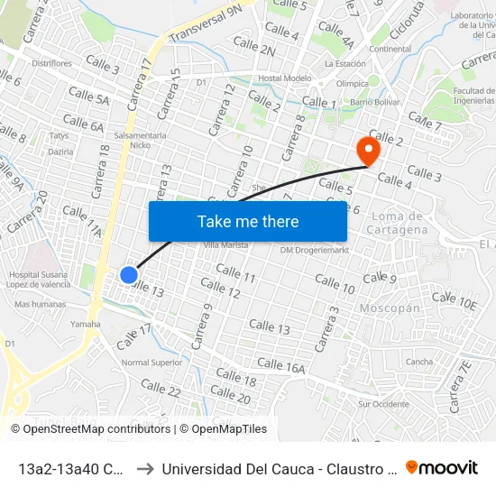 13a2-13a40 Calle 13 to Universidad Del Cauca - Claustro El Carmen map