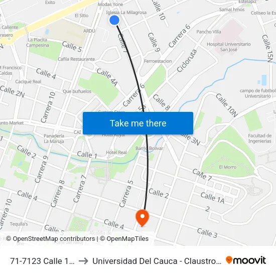 71-7123 Calle 1 Norte to Universidad Del Cauca - Claustro El Carmen map