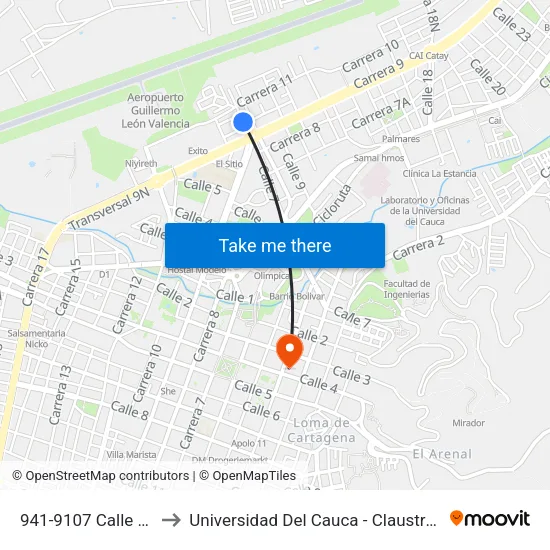 941-9107 Calle 1 Norte to Universidad Del Cauca - Claustro El Carmen map