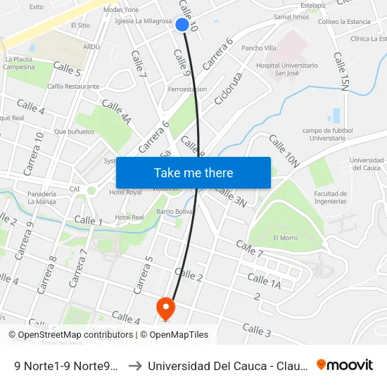 9 Norte1-9 Norte93 Carrera 7 to Universidad Del Cauca - Claustro El Carmen map