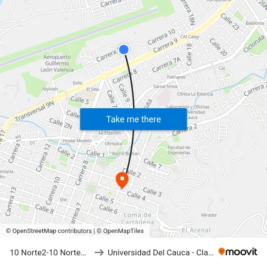 10 Norte2-10 Norte66 Carrera 11 to Universidad Del Cauca - Claustro El Carmen map