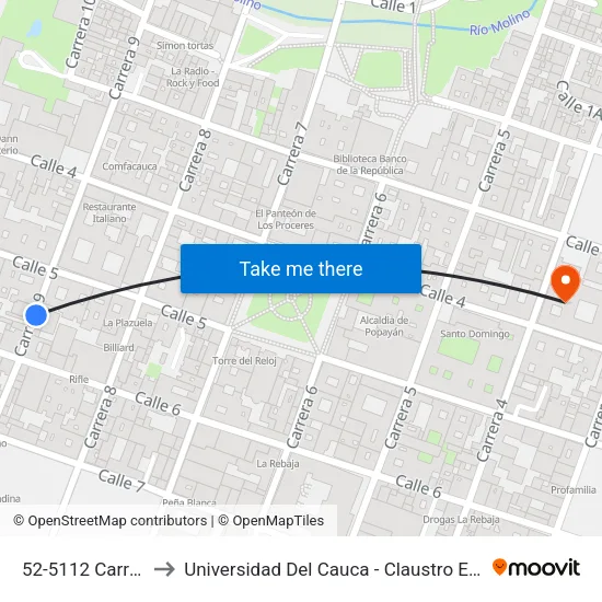 52-5112 Carrera 9 to Universidad Del Cauca - Claustro El Carmen map