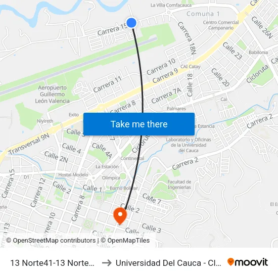 13 Norte41-13 Norte203 Carrera 15 to Universidad Del Cauca - Claustro El Carmen map