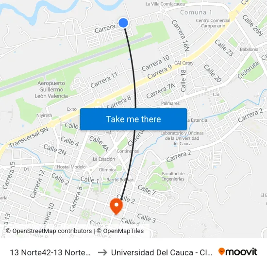 13 Norte42-13 Norte204 Carrera 15 to Universidad Del Cauca - Claustro El Carmen map