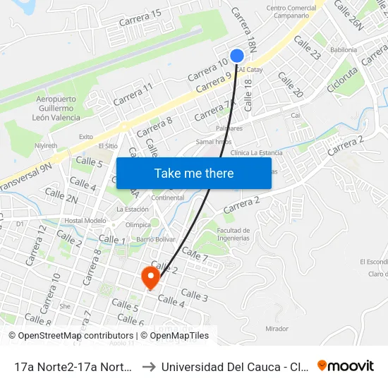17a Norte2-17a Norte80 Carrera 10 to Universidad Del Cauca - Claustro El Carmen map