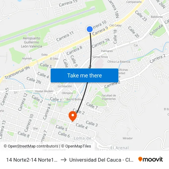 14 Norte2-14 Norte138 Carrera 10 to Universidad Del Cauca - Claustro El Carmen map