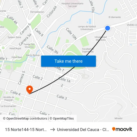 15 Norte144-15 Norte214 Carrera 2 to Universidad Del Cauca - Claustro El Carmen map