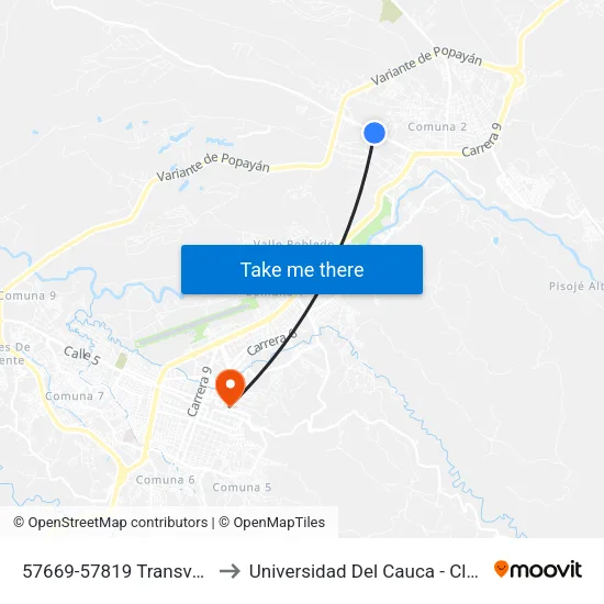 57669-57819 Transversal 9a Norte to Universidad Del Cauca - Claustro El Carmen map