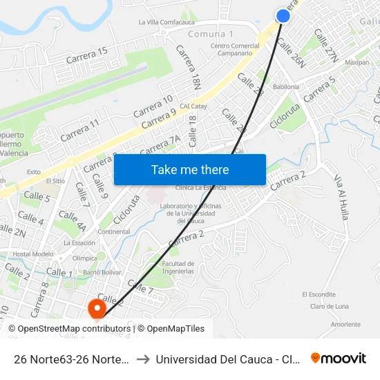 26 Norte63-26 Norte215 Carrera 9 to Universidad Del Cauca - Claustro El Carmen map