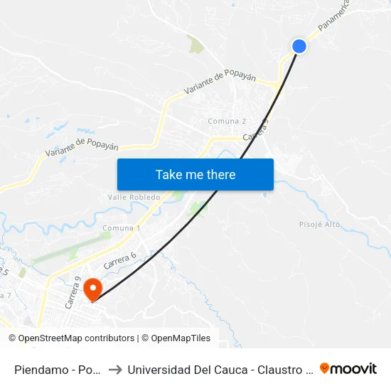 Piendamo - Popayan to Universidad Del Cauca - Claustro El Carmen map