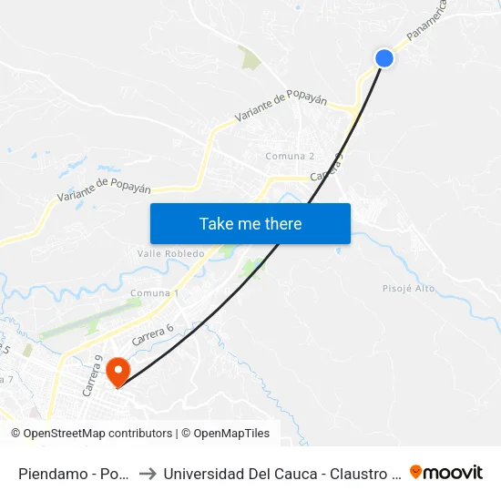Piendamo - Popayan to Universidad Del Cauca - Claustro El Carmen map