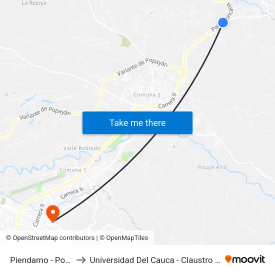 Piendamo - Popayan to Universidad Del Cauca - Claustro El Carmen map