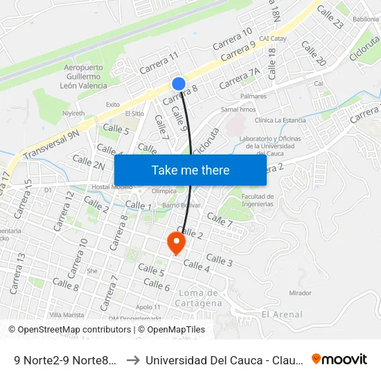 9 Norte2-9 Norte82 Carrera 9 to Universidad Del Cauca - Claustro El Carmen map