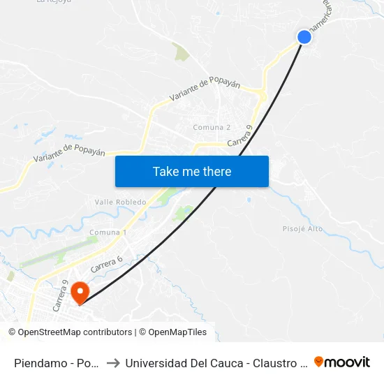Piendamo - Popayan to Universidad Del Cauca - Claustro El Carmen map