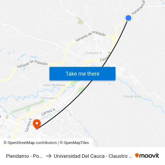 Piendamo - Popayan to Universidad Del Cauca - Claustro El Carmen map