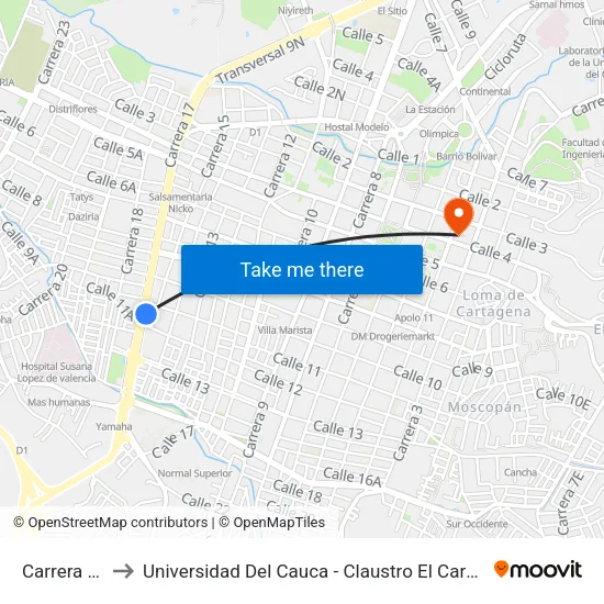 Carrera 17 to Universidad Del Cauca - Claustro El Carmen map