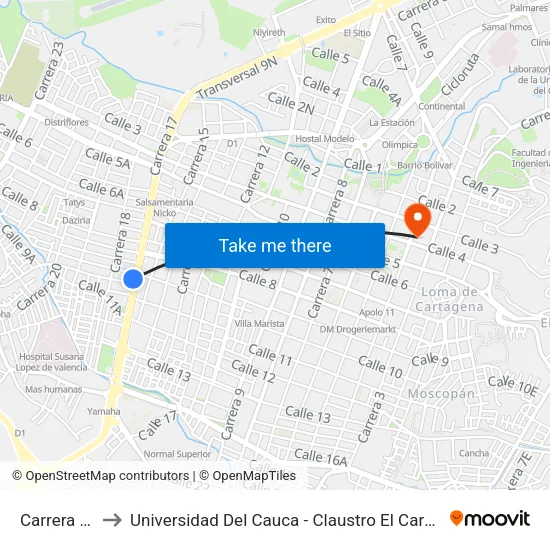 Carrera 17 to Universidad Del Cauca - Claustro El Carmen map