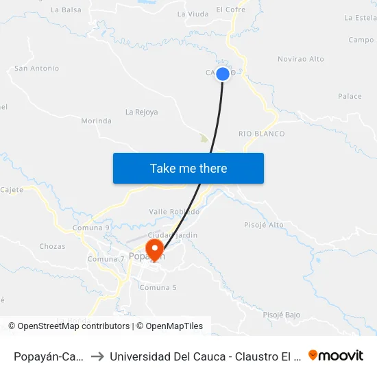Popayán-Calibío to Universidad Del Cauca - Claustro El Carmen map