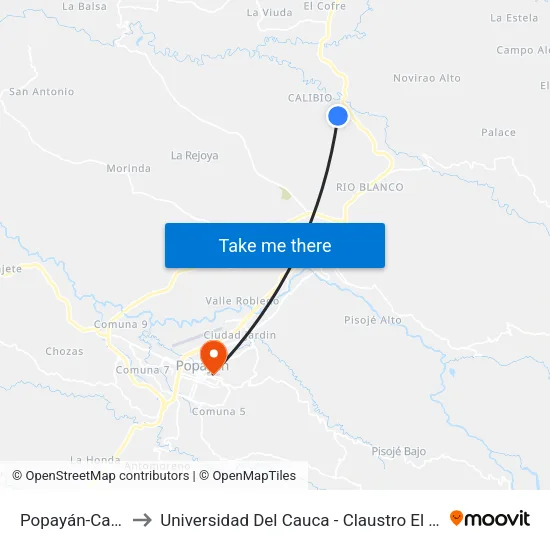 Popayán-Calibío to Universidad Del Cauca - Claustro El Carmen map