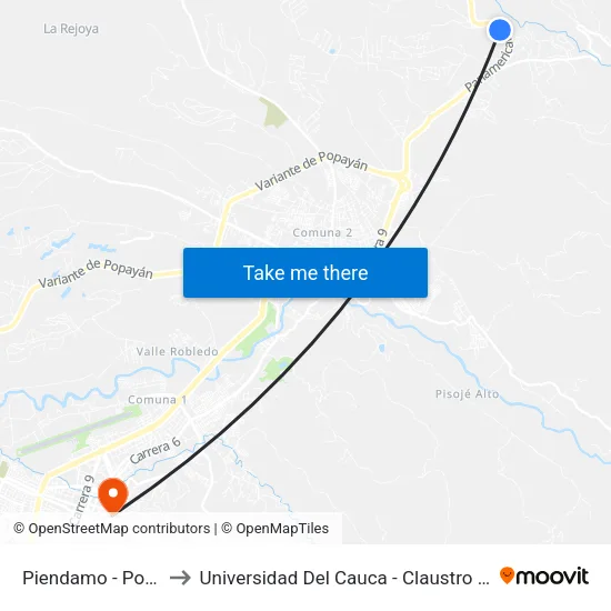 Piendamo - Popayan to Universidad Del Cauca - Claustro El Carmen map