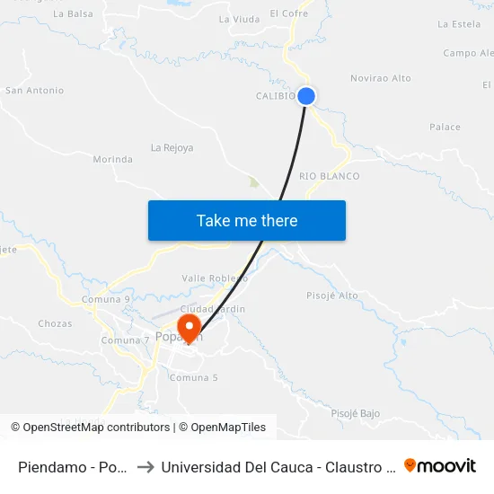 Piendamo - Popayan to Universidad Del Cauca - Claustro El Carmen map