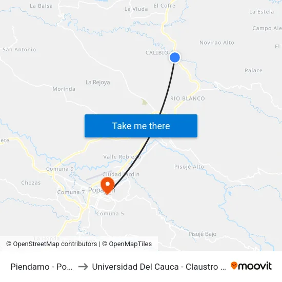 Piendamo - Popayan to Universidad Del Cauca - Claustro El Carmen map