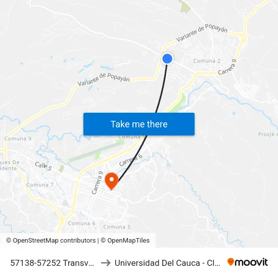 57138-57252 Transversal 9a Norte to Universidad Del Cauca - Claustro El Carmen map