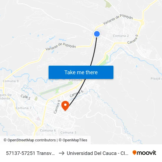 57137-57251 Transversal 9a Norte to Universidad Del Cauca - Claustro El Carmen map