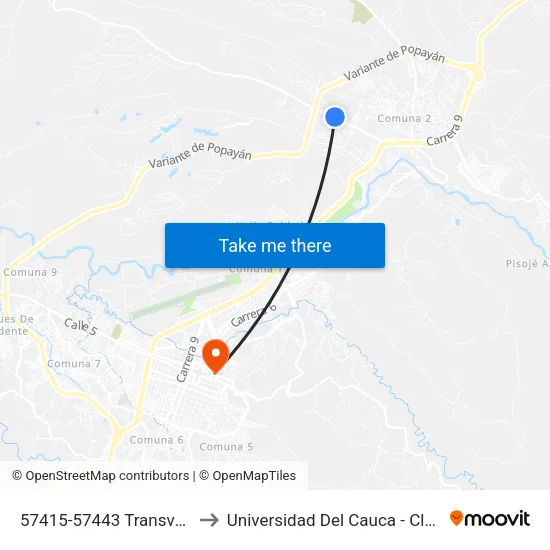 57415-57443 Transversal 9a Norte to Universidad Del Cauca - Claustro El Carmen map