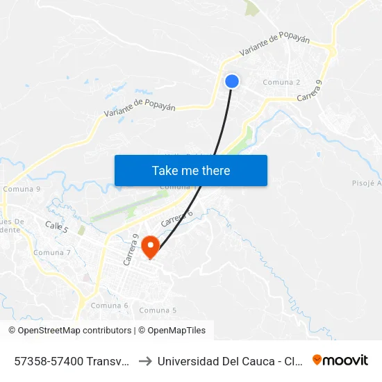 57358-57400 Transversal 9a Norte to Universidad Del Cauca - Claustro El Carmen map