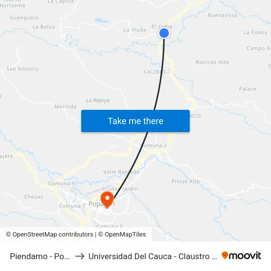 Piendamo - Popayan to Universidad Del Cauca - Claustro El Carmen map