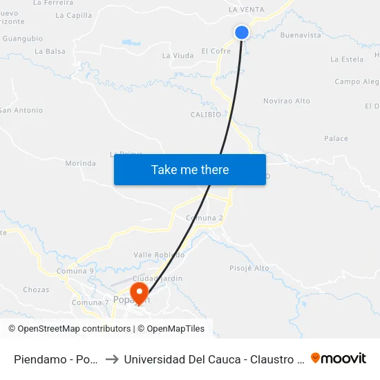 Piendamo - Popayan to Universidad Del Cauca - Claustro El Carmen map