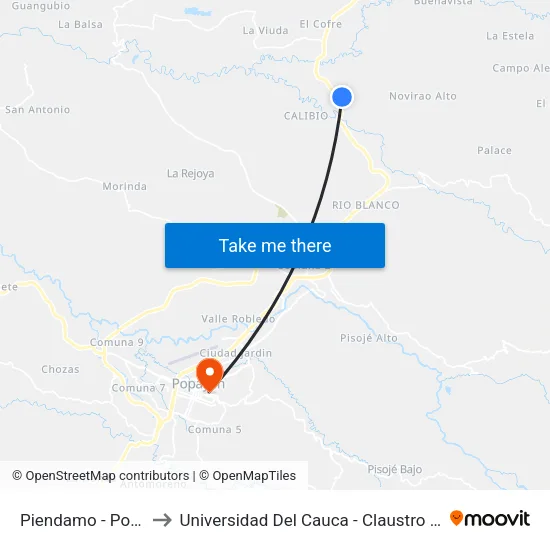 Piendamo - Popayan to Universidad Del Cauca - Claustro El Carmen map
