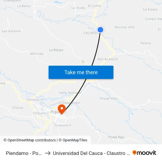 Piendamo - Popayan to Universidad Del Cauca - Claustro El Carmen map