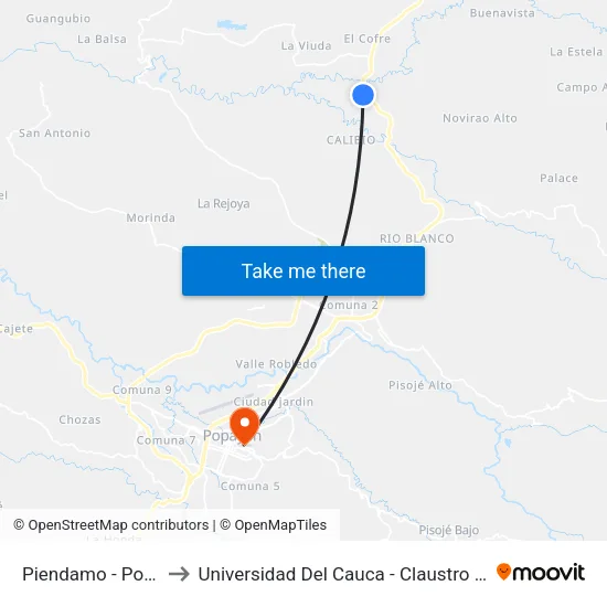 Piendamo - Popayan to Universidad Del Cauca - Claustro El Carmen map