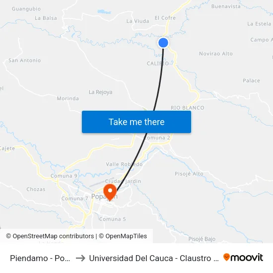 Piendamo - Popayan to Universidad Del Cauca - Claustro El Carmen map
