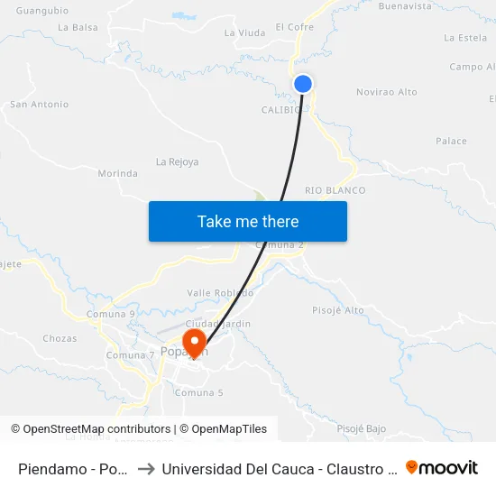 Piendamo - Popayan to Universidad Del Cauca - Claustro El Carmen map