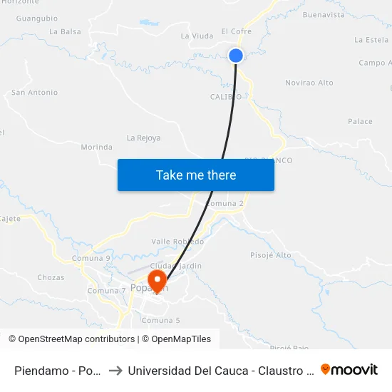 Piendamo - Popayan to Universidad Del Cauca - Claustro El Carmen map