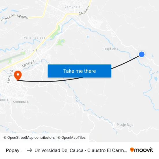 Popayan to Universidad Del Cauca - Claustro El Carmen map