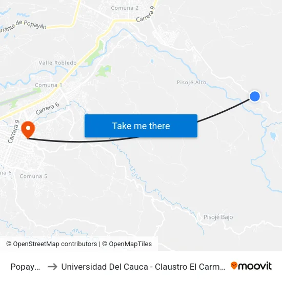 Popayan to Universidad Del Cauca - Claustro El Carmen map