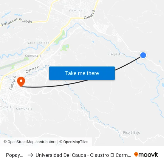 Popayan to Universidad Del Cauca - Claustro El Carmen map