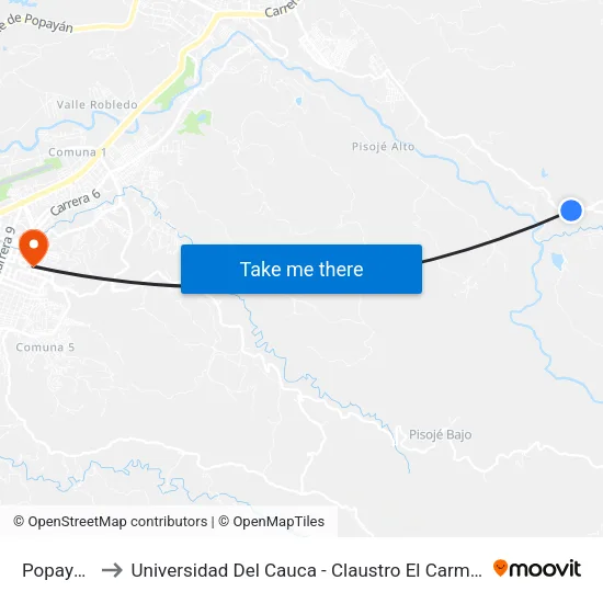 Popayan to Universidad Del Cauca - Claustro El Carmen map