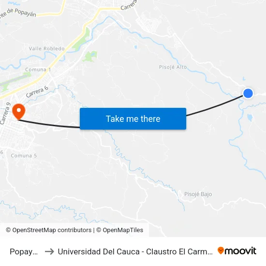 Popayan to Universidad Del Cauca - Claustro El Carmen map