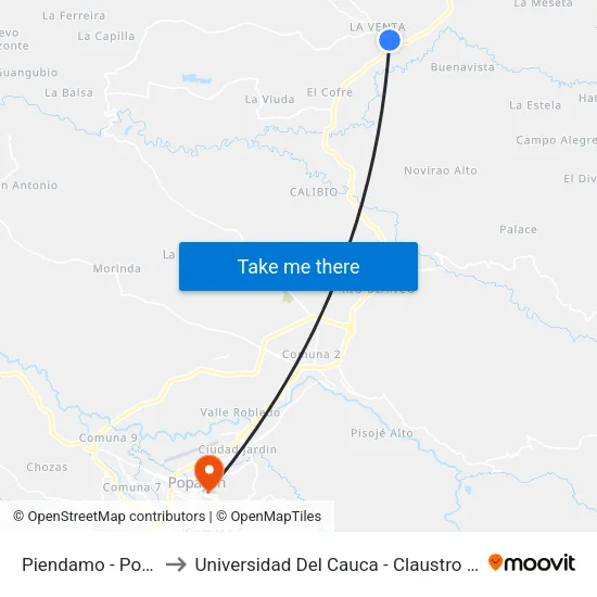 Piendamo - Popayan to Universidad Del Cauca - Claustro El Carmen map