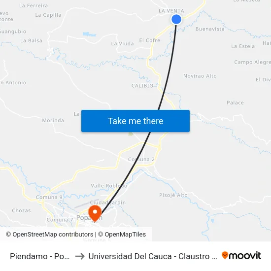 Piendamo - Popayan to Universidad Del Cauca - Claustro El Carmen map