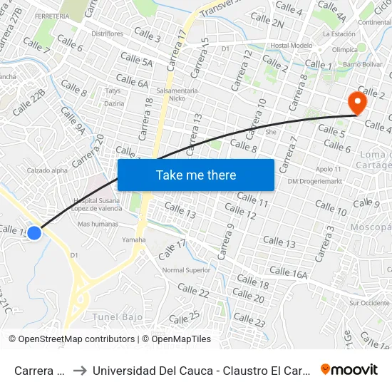 Carrera 20 to Universidad Del Cauca - Claustro El Carmen map