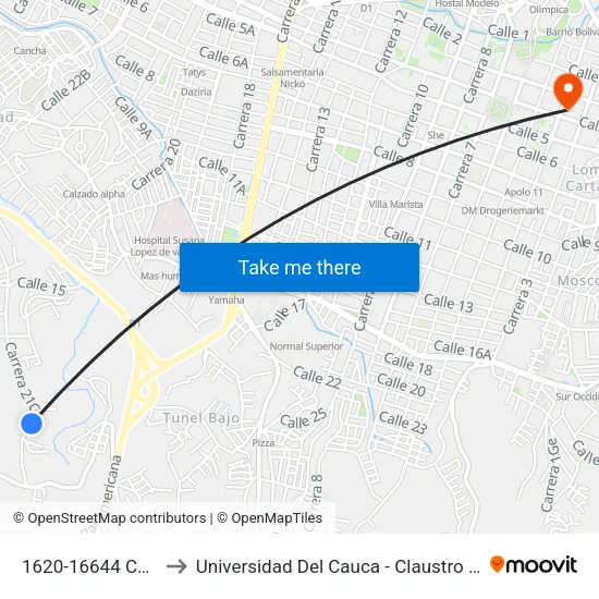1620-16644 Calle 23 to Universidad Del Cauca - Claustro El Carmen map